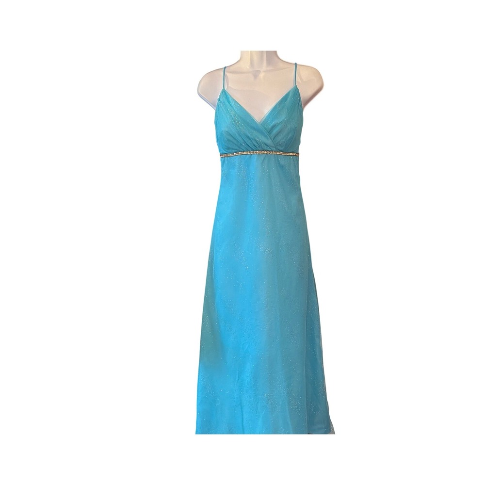 Vintage Onyx Nite Gown Blue Glitter Fairycore Prom Dress Rhinestone Empire Waist